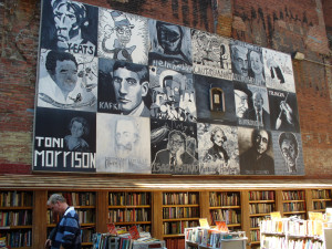 Outdoor book sale and mural at Brattle Bookshop in Boston.