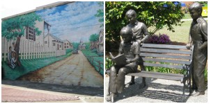 The mural depicting a scene from Harper Lee's To Kill a Mockingbird and a statue showing children reading are a few of the attractions in the Monroeville square.